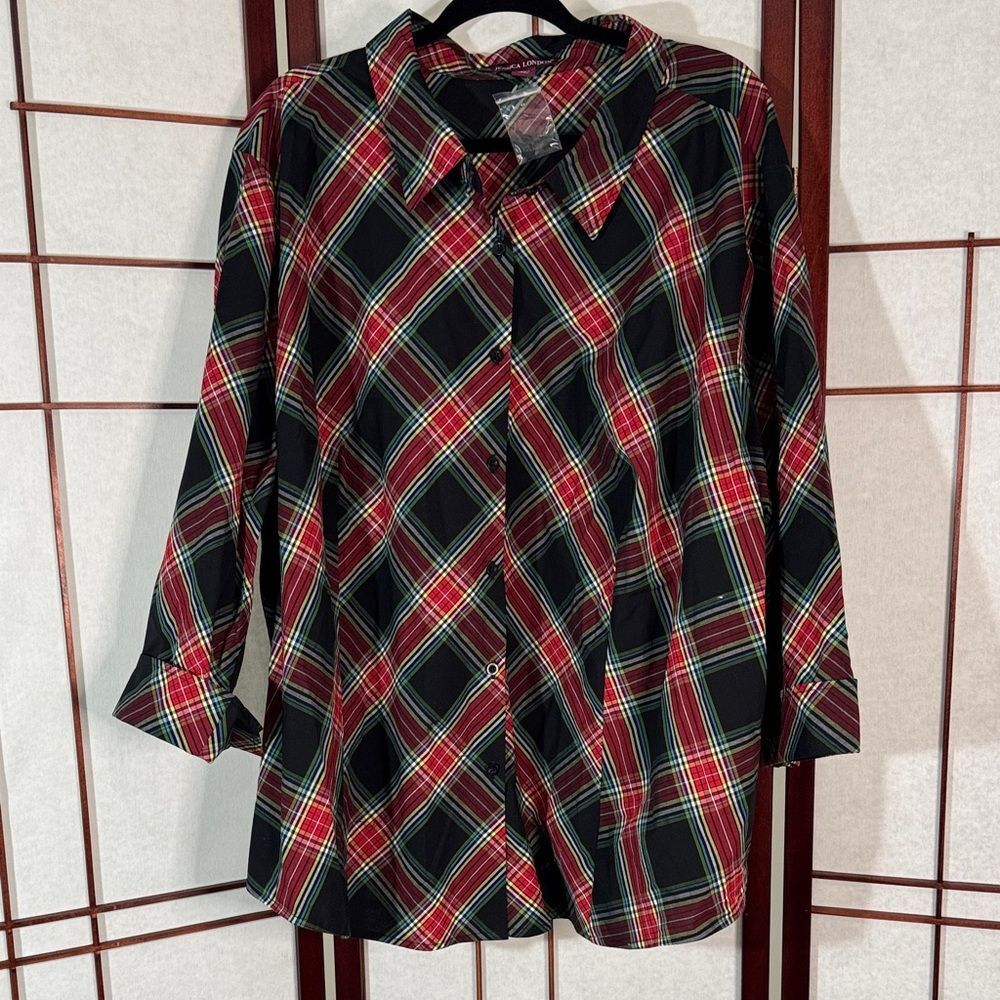 Jessica London Red and Black Plaid Button-Down Shirt